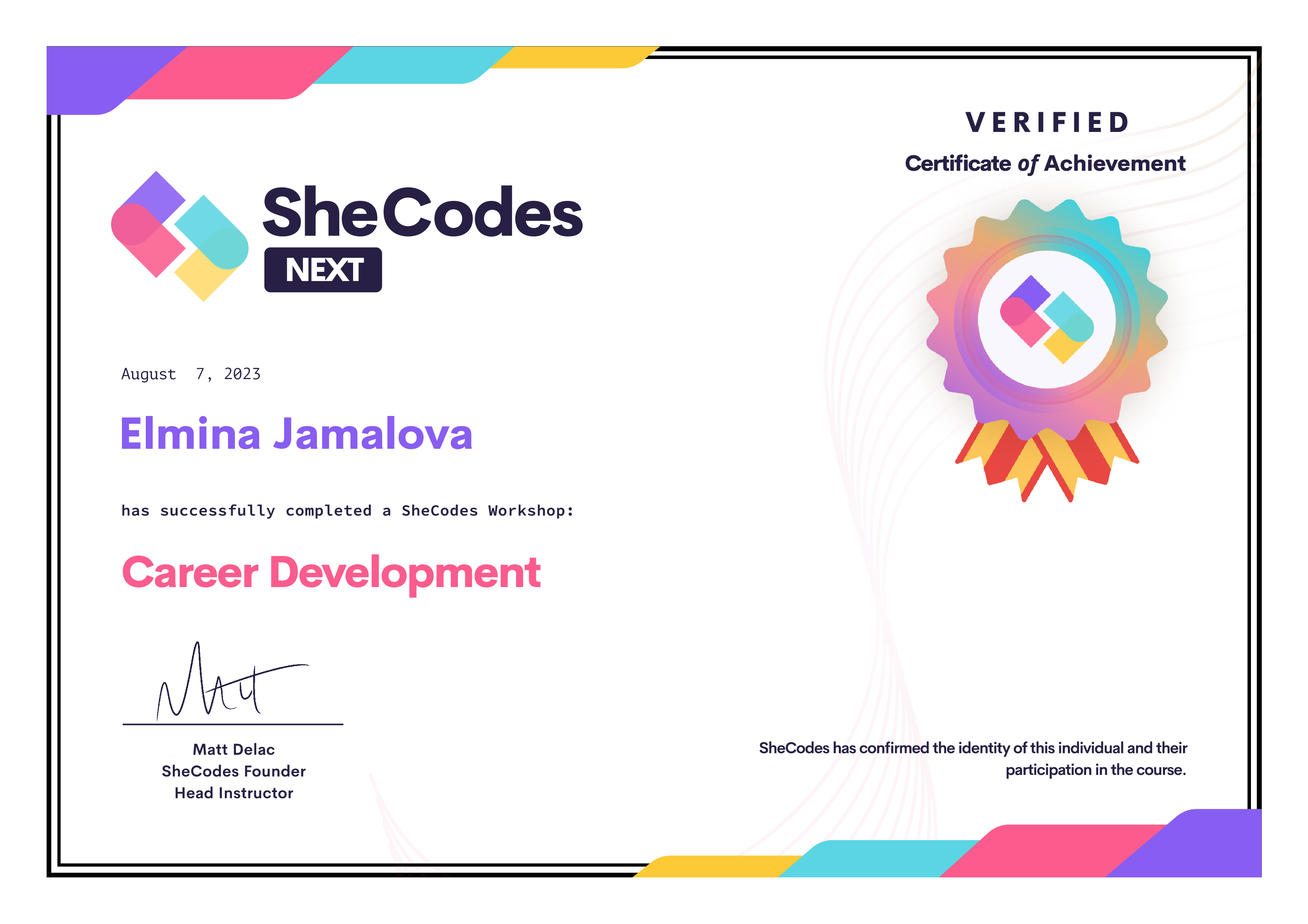 SheCodes Next certificate