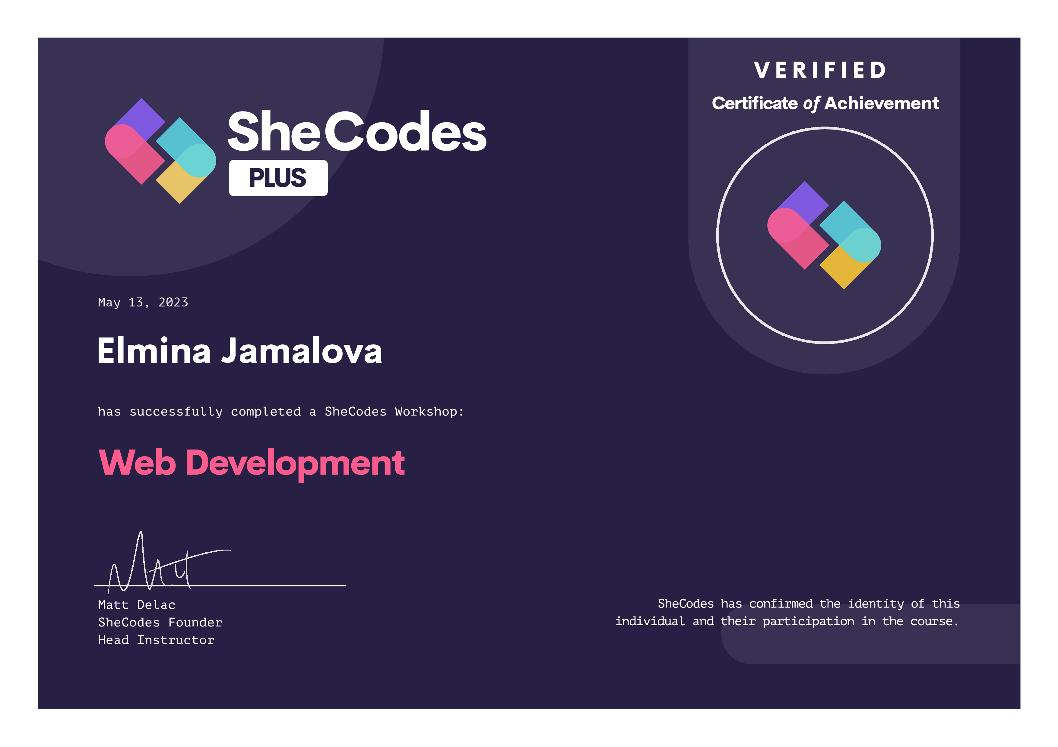 SheCodes Plus certificate