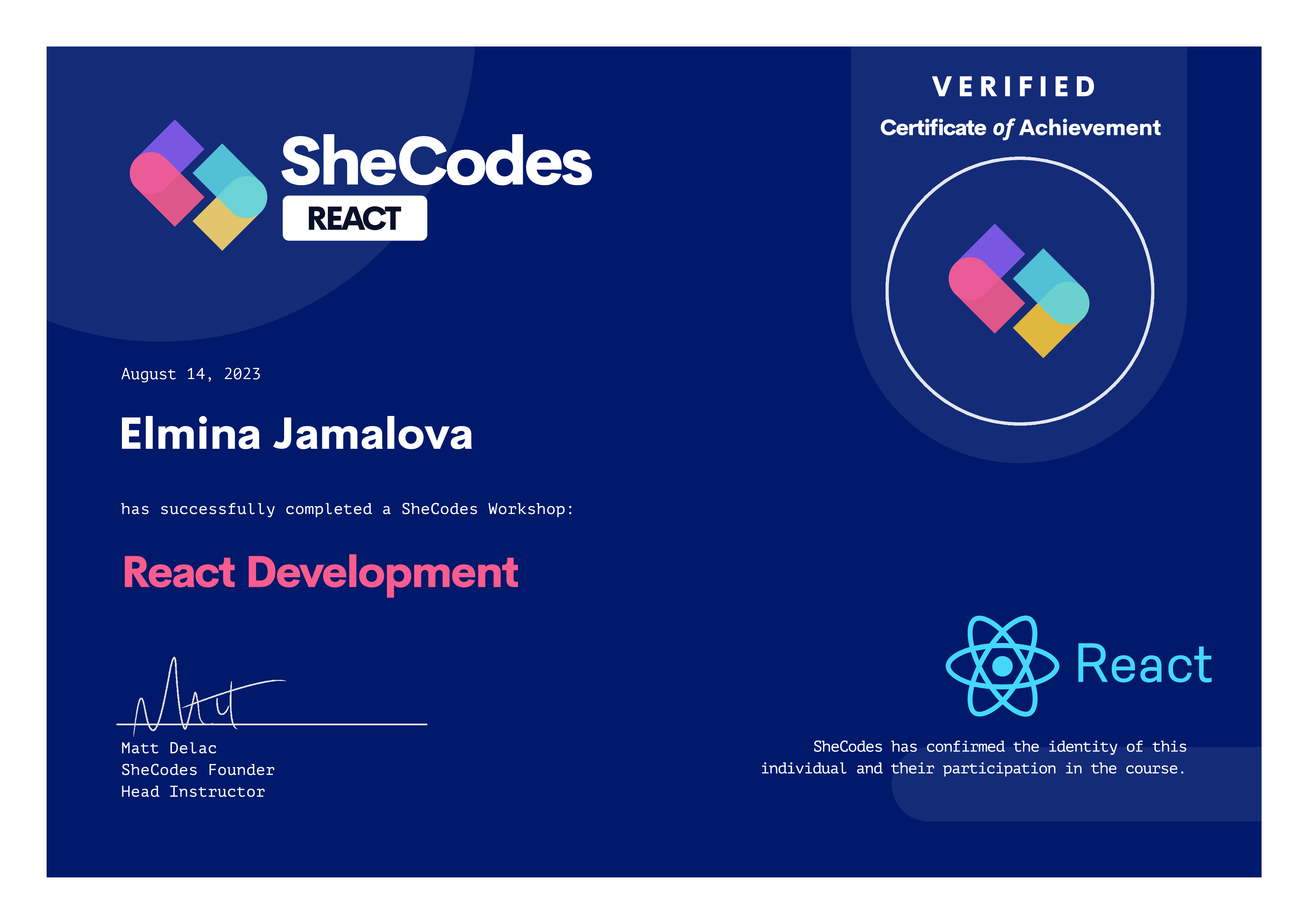 SheCodes React certificate